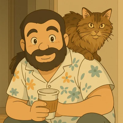Illustrated portrait of Jean Paul Ruiz with a cat